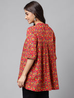 Janasya Women's Red Cotton Floral Printed Casual Empire Tunic | Grocsy
