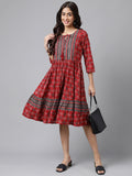 Janasya Women's Maroon Cotton Ethnic Motifs Printed Flared Casual Dress | Grocsy