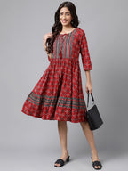 Janasya Women's Maroon Cotton Ethnic Motifs Printed Flared Casual Dress | Grocsy