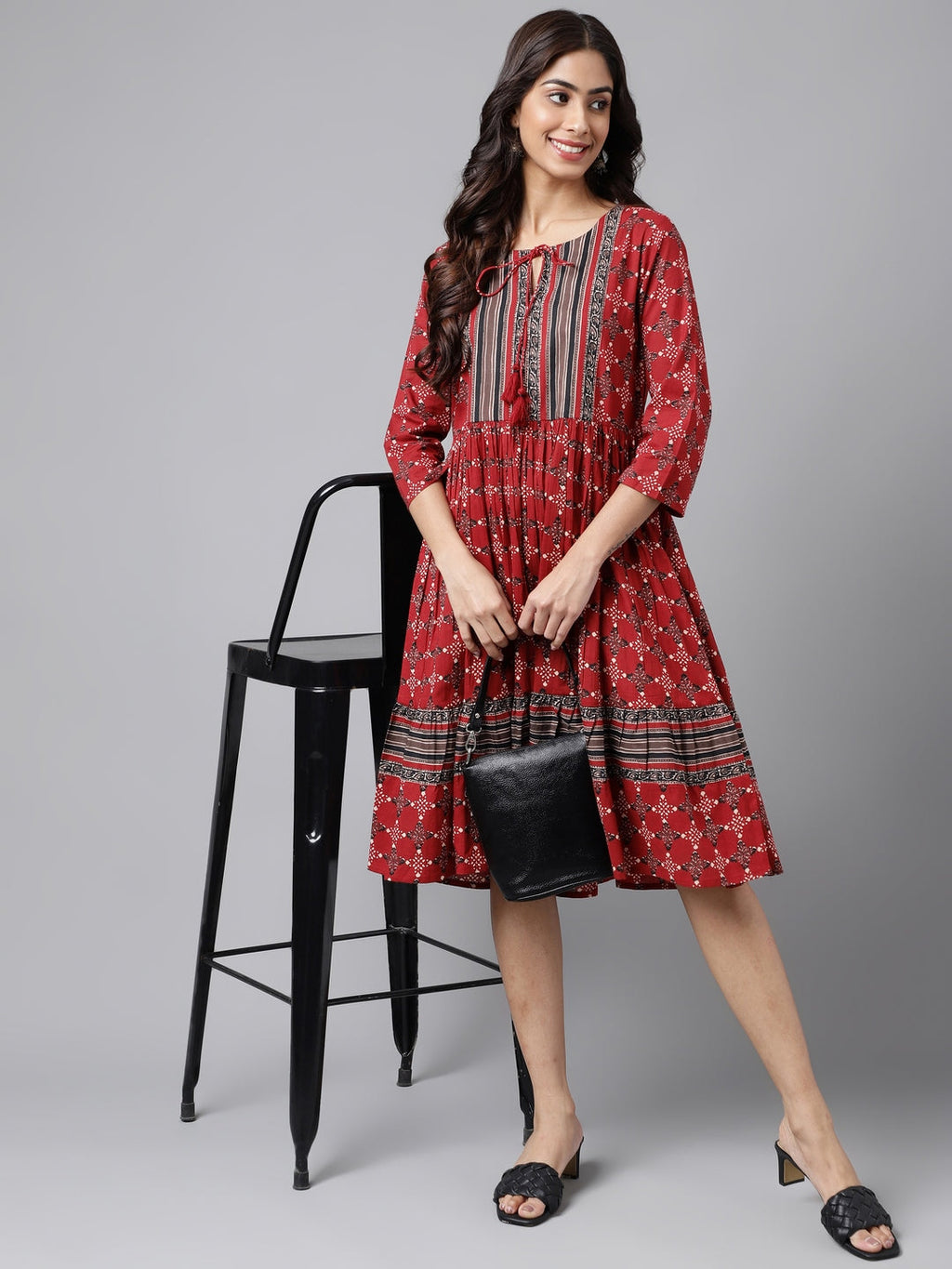 Janasya Women's Maroon Cotton Ethnic Motifs Printed Flared Casual Dress | Grocsy