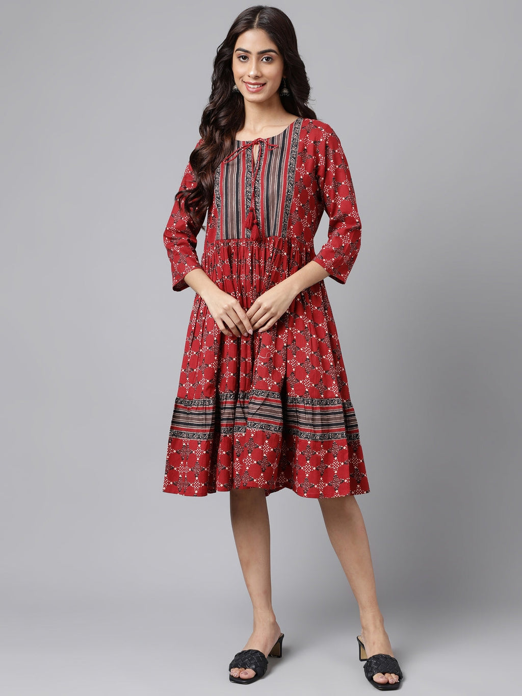 Janasya Women's Maroon Cotton Ethnic Motifs Printed Flared Casual Dress | Grocsy
