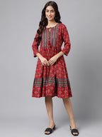 Janasya Women's Maroon Cotton Ethnic Motifs Printed Flared Casual Dress | Grocsy