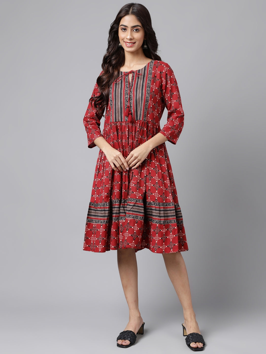Janasya Women's Maroon Cotton Ethnic Motifs Printed Flared Casual Dress | Grocsy