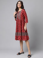 Janasya Women's Maroon Cotton Ethnic Motifs Printed Flared Casual Dress | Grocsy