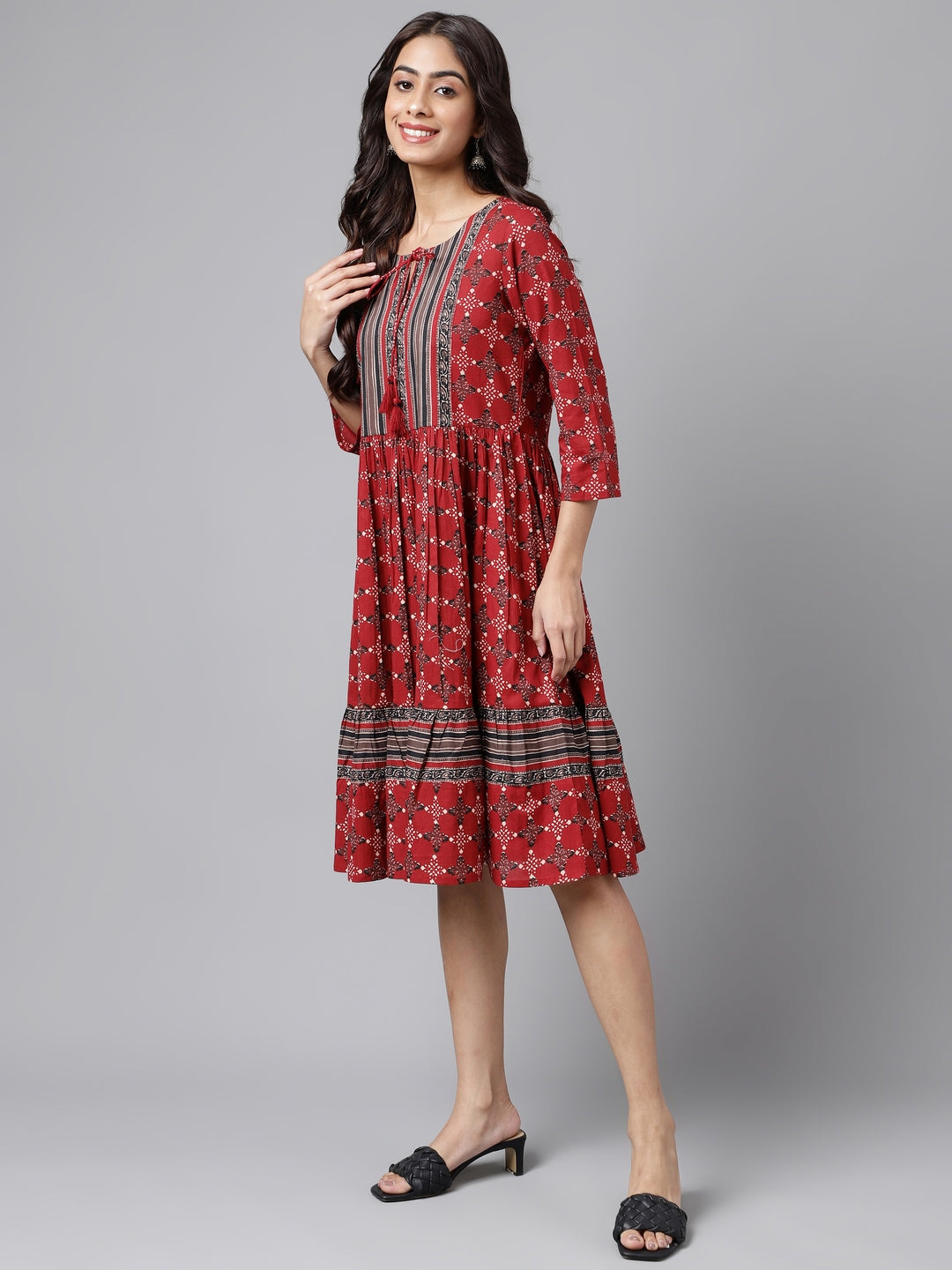 Janasya Women's Maroon Cotton Ethnic Motifs Printed Flared Casual Dress | Grocsy