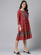 Janasya Women's Maroon Cotton Ethnic Motifs Printed Flared Casual Dress | Grocsy