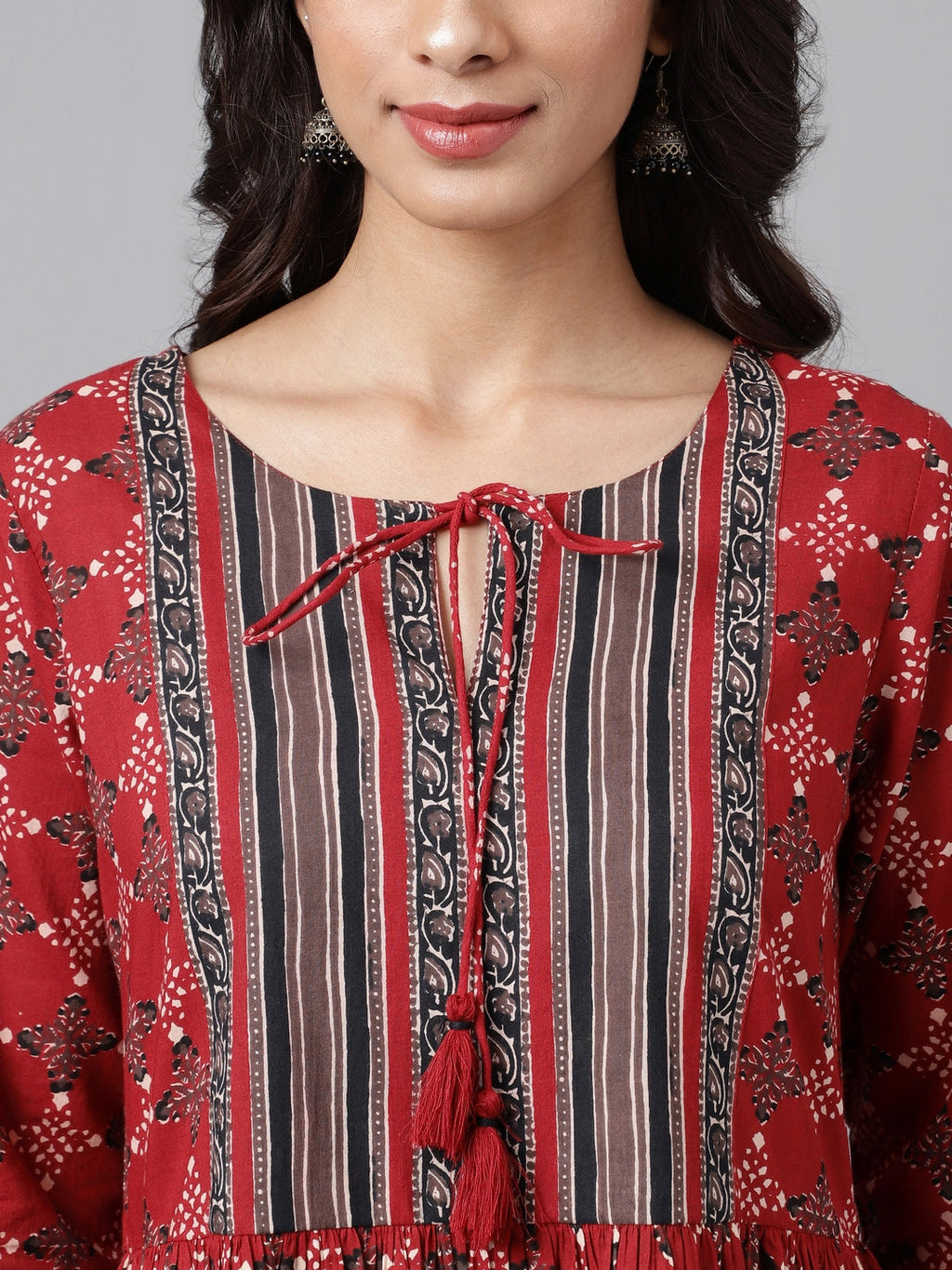 Janasya Women's Maroon Cotton Ethnic Motifs Printed Flared Casual Dress | Grocsy