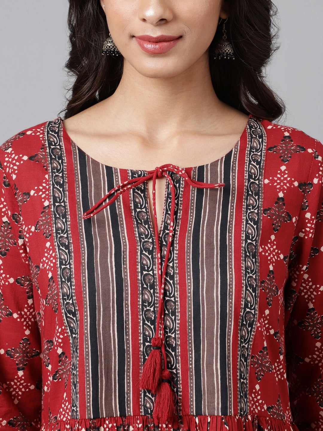 Janasya Women's Maroon Cotton Ethnic Motifs Printed Flared Casual Dress | Grocsy