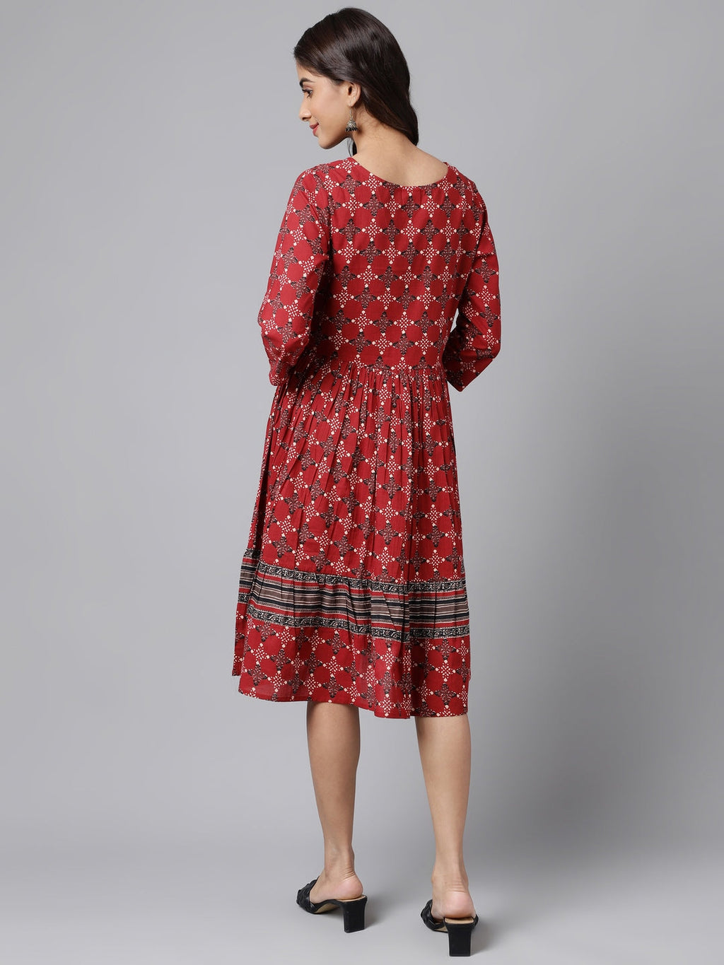 Janasya Women's Maroon Cotton Ethnic Motifs Printed Flared Casual Dress | Grocsy