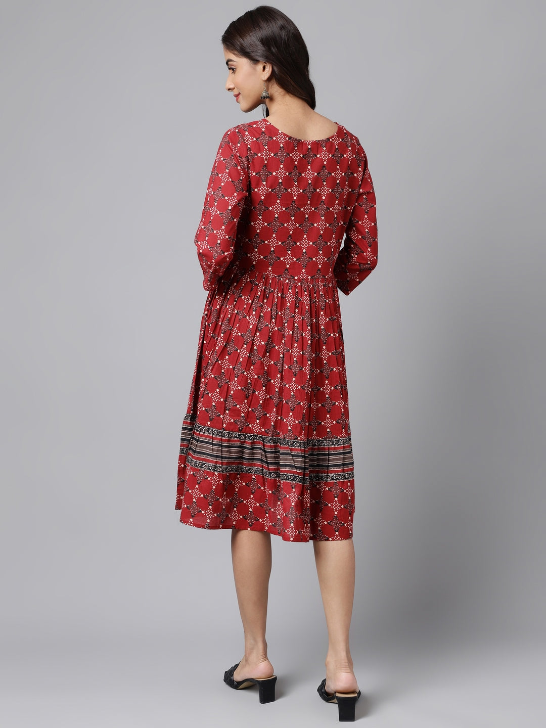 Janasya Women's Maroon Cotton Ethnic Motifs Printed Flared Casual Dress | Grocsy