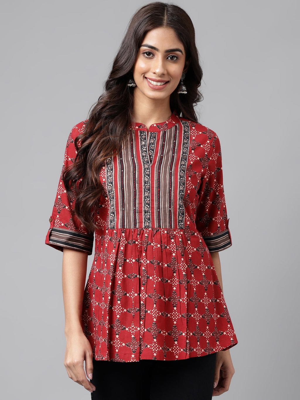 Janasya Women's Maroon Cotton Ethnic Motifs Casual A-Line Top | Grocsy