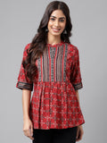 Janasya Women's Maroon Cotton Ethnic Motifs Casual A-Line Top | Grocsy