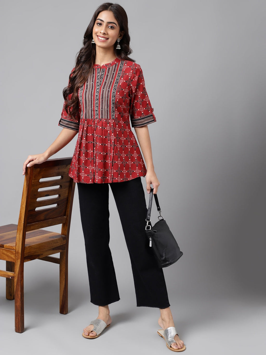 Janasya Women's Maroon Cotton Ethnic Motifs Casual A-Line Top | Grocsy