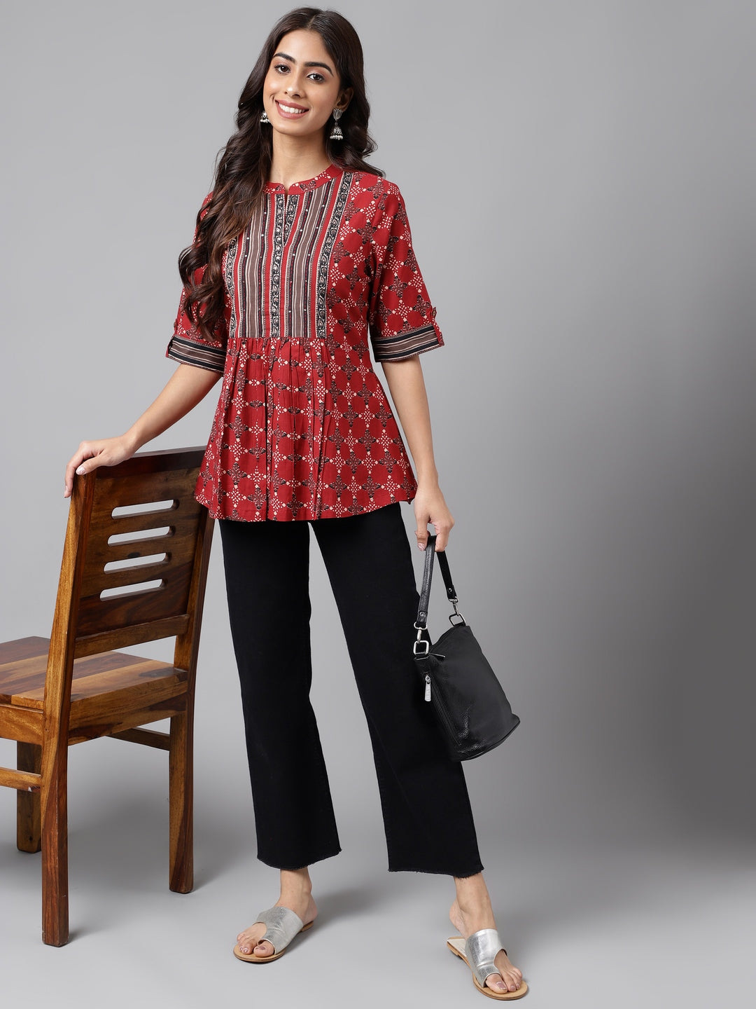 Janasya Women's Maroon Cotton Ethnic Motifs Casual A-Line Top | Grocsy