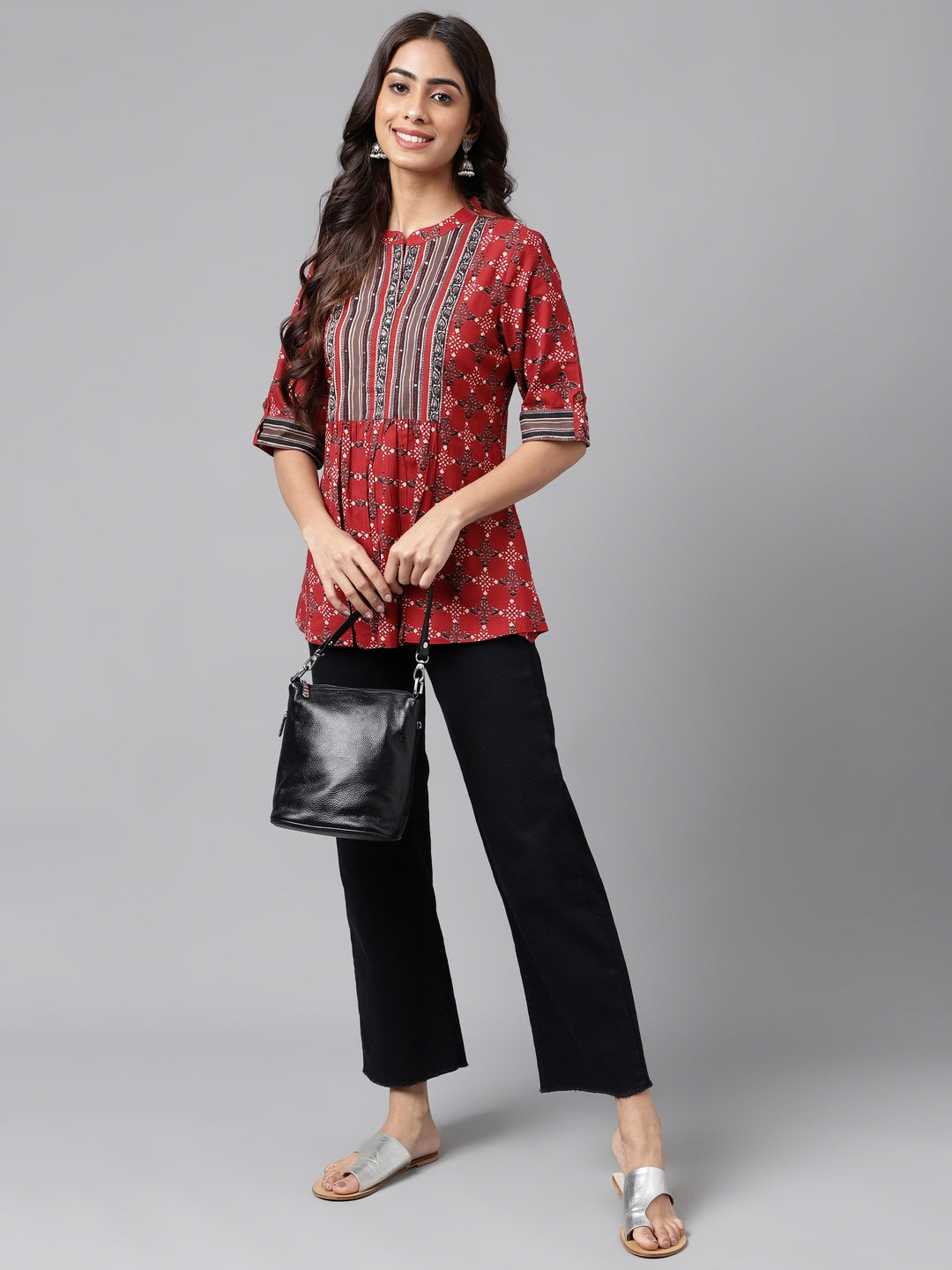 Janasya Women's Maroon Cotton Ethnic Motifs Casual A-Line Top | Grocsy