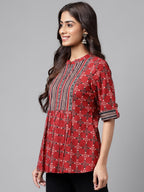 Janasya Women's Maroon Cotton Ethnic Motifs Casual A-Line Top | Grocsy
