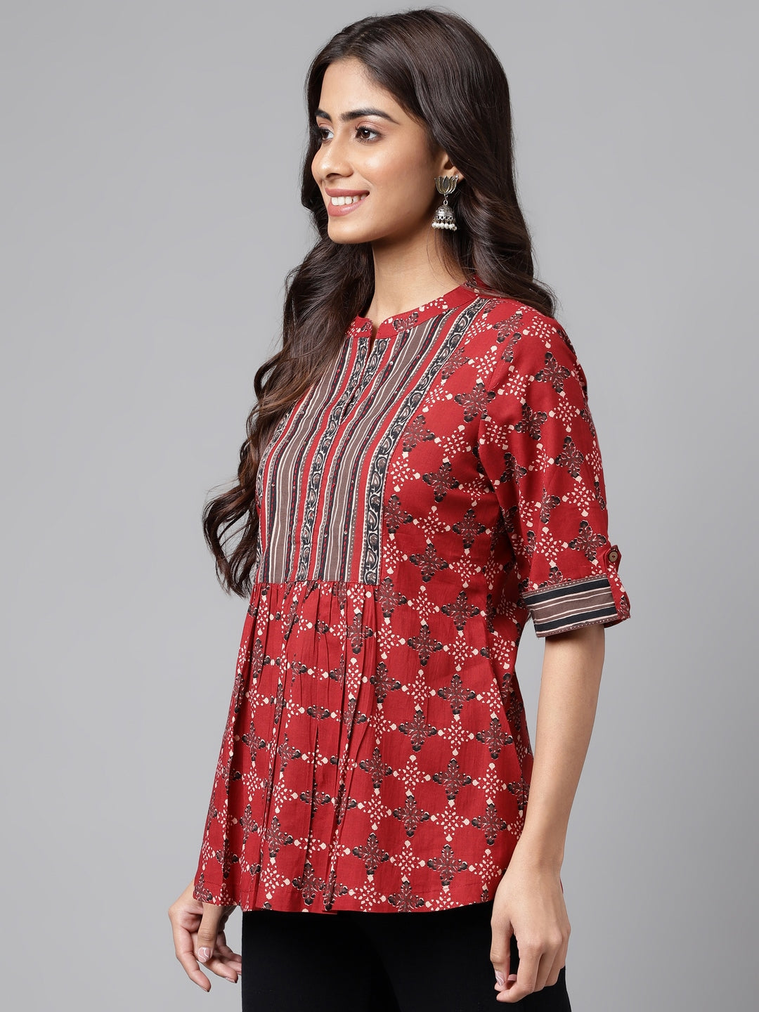 Janasya Women's Maroon Cotton Ethnic Motifs Casual A-Line Top | Grocsy
