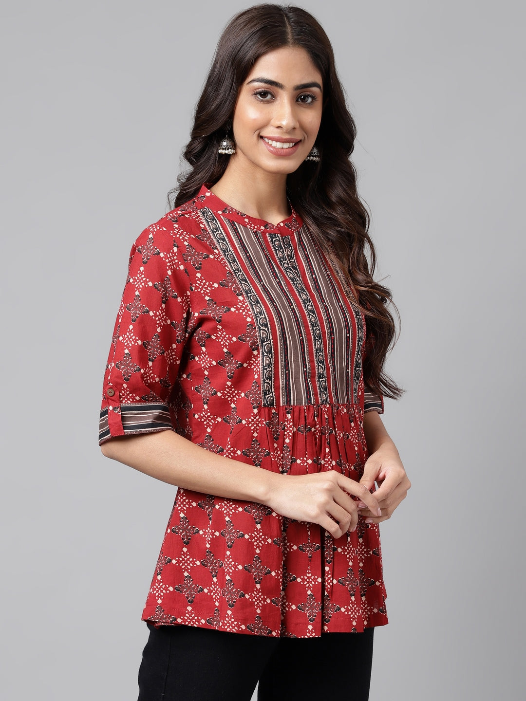 Janasya Women's Maroon Cotton Ethnic Motifs Casual A-Line Top | Grocsy