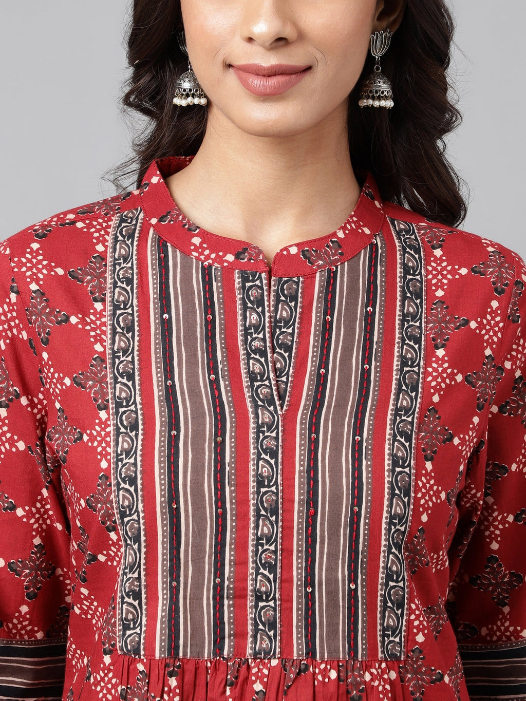 Janasya Women's Maroon Cotton Ethnic Motifs Casual A-Line Top | Grocsy