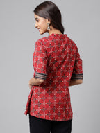 Janasya Women's Maroon Cotton Ethnic Motifs Casual A-Line Top | Grocsy