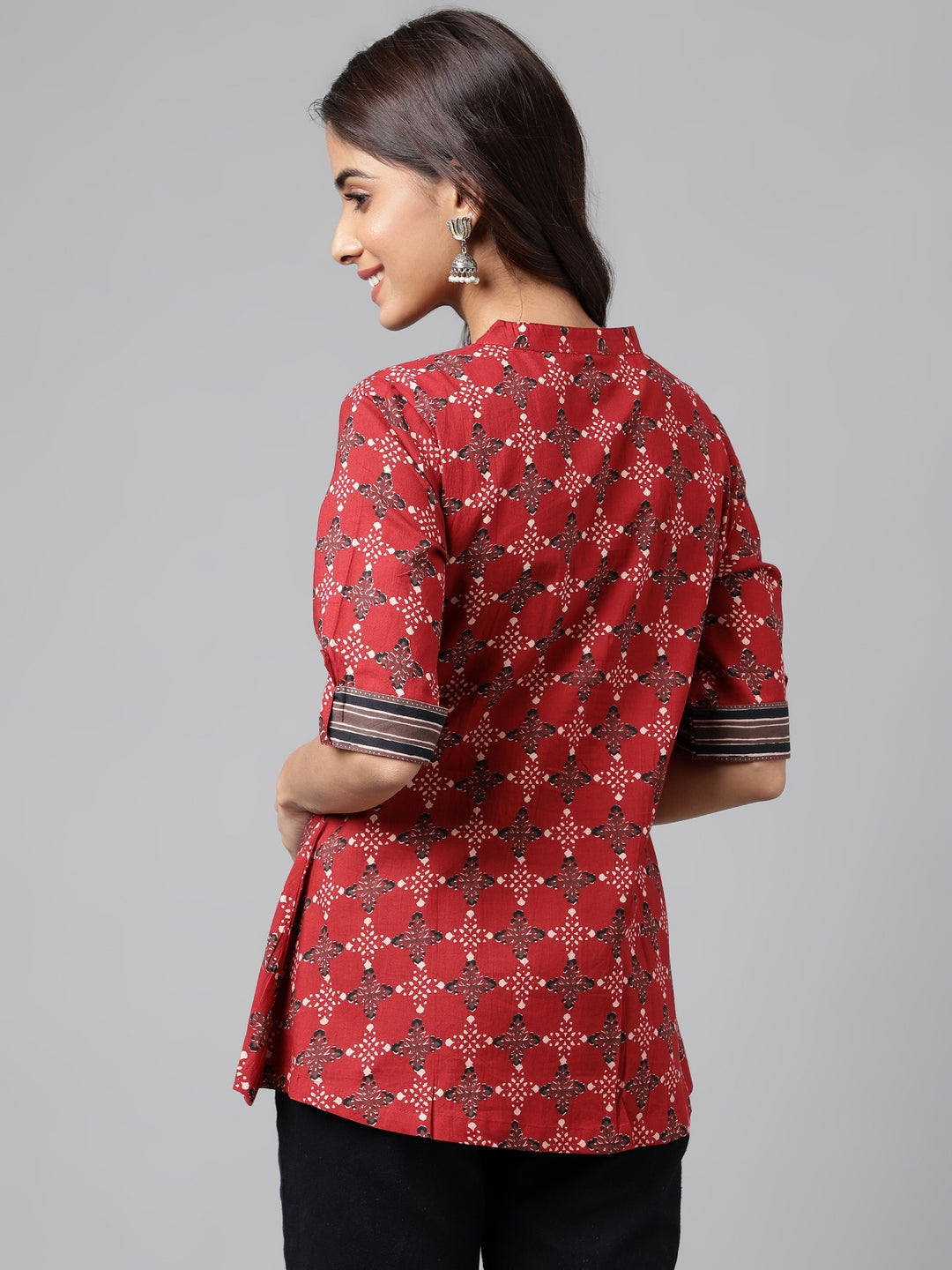 Janasya Women's Maroon Cotton Ethnic Motifs Casual A-Line Top | Grocsy