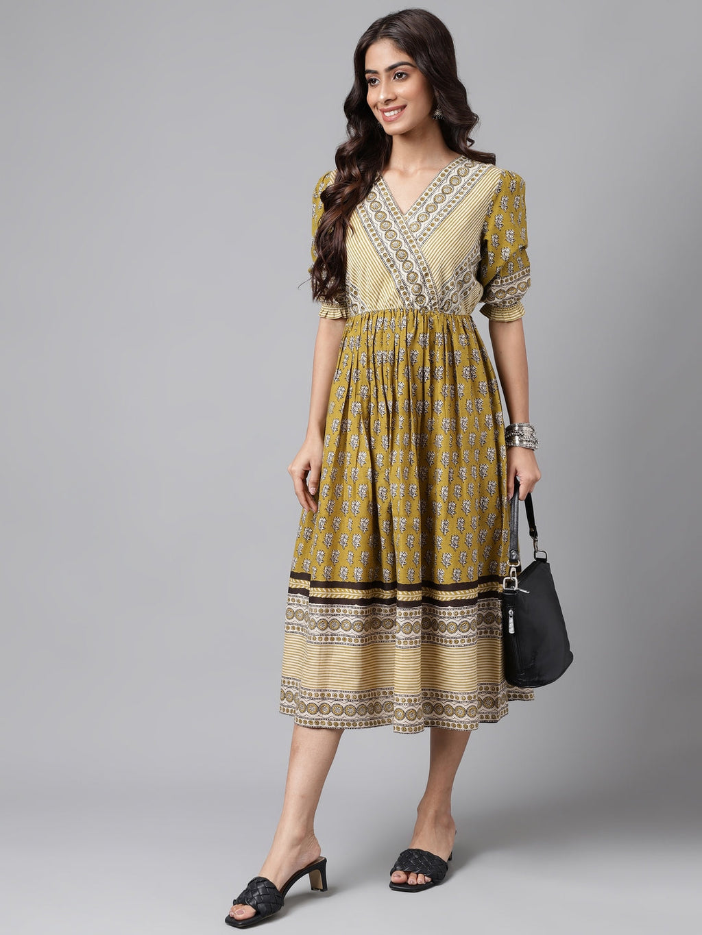 Janasya Women's Olive Green Cotton Floral Printed Gathered Casual Dress | Grocsy