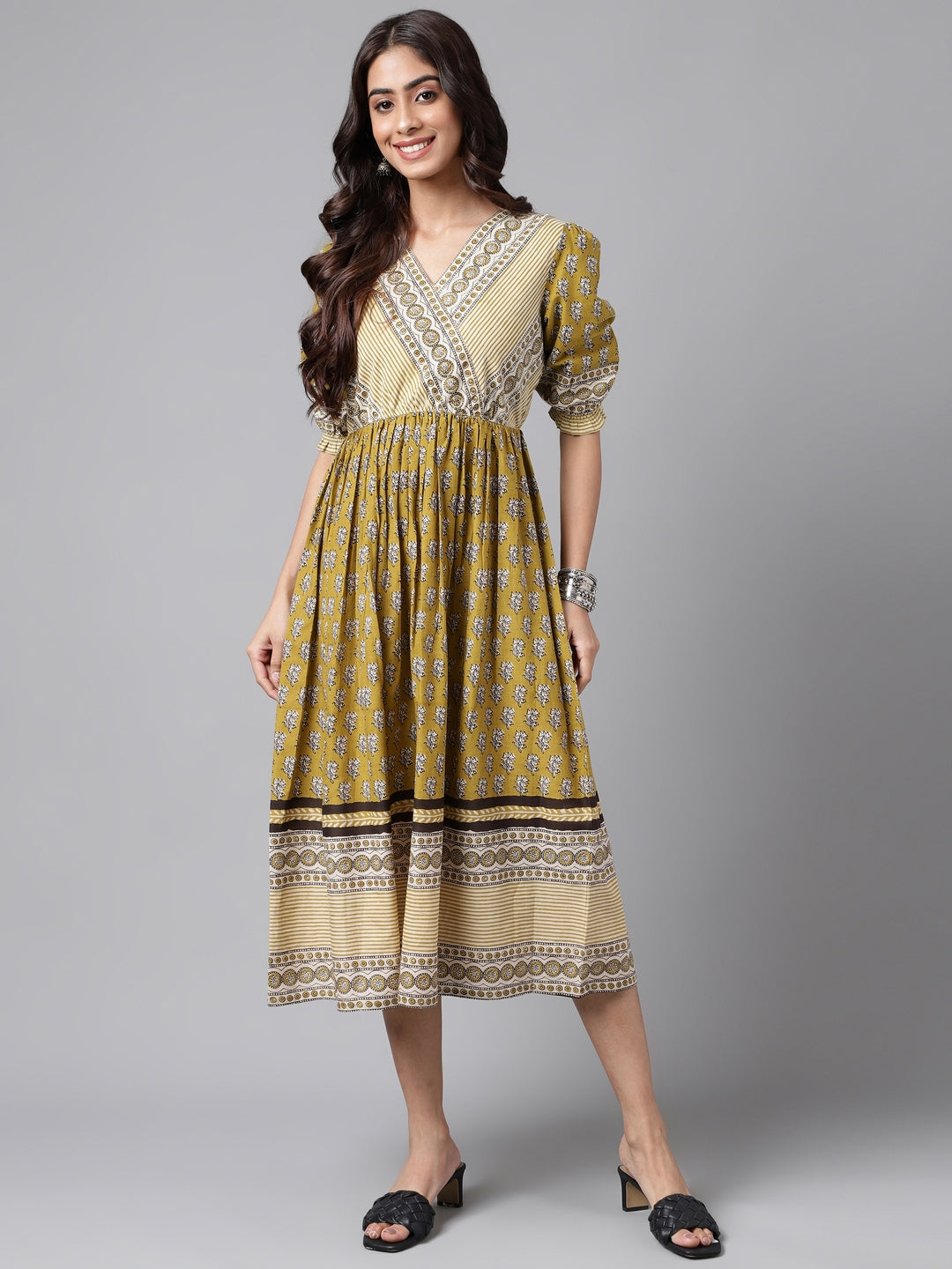 Janasya Women's Olive Green Cotton Floral Printed Gathered Casual Dress | Grocsy