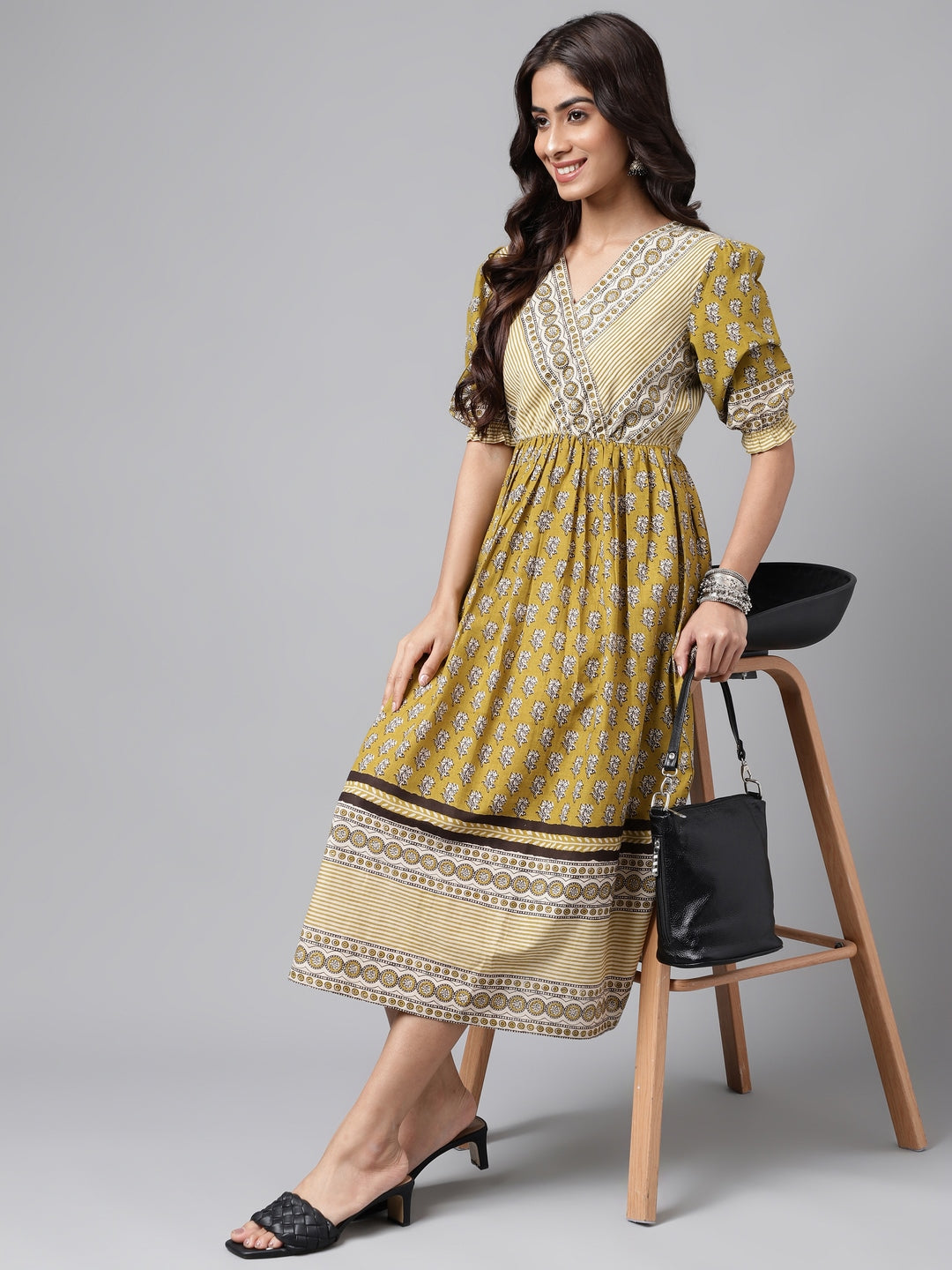 Janasya Women's Olive Green Cotton Floral Printed Gathered Casual Dress | Grocsy