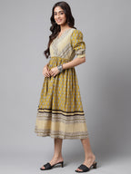 Janasya Women's Olive Green Cotton Floral Printed Gathered Casual Dress | Grocsy