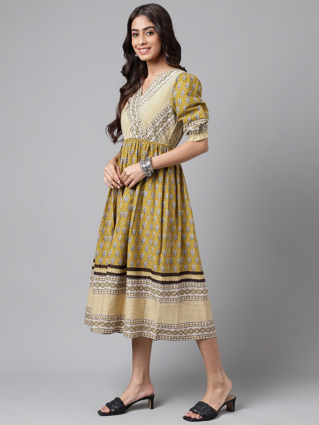 Janasya Women's Olive Green Cotton Floral Printed Gathered Casual Dress | Grocsy
