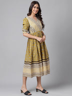 Janasya Women's Olive Green Cotton Floral Printed Gathered Casual Dress | Grocsy
