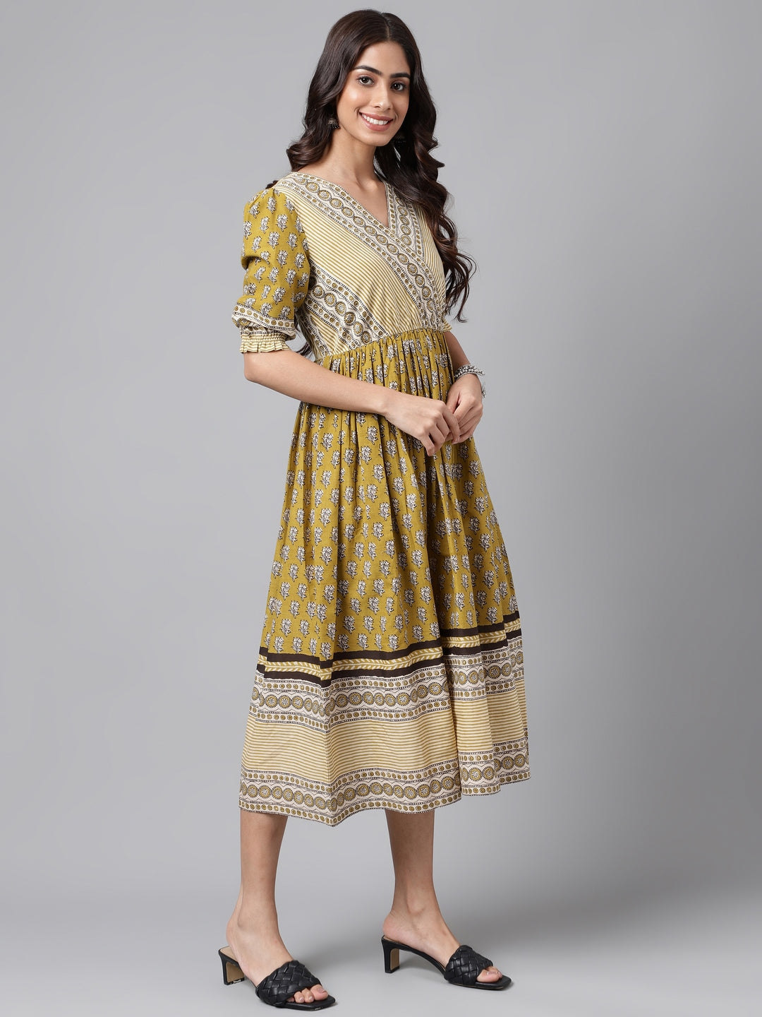 Janasya Women's Olive Green Cotton Floral Printed Gathered Casual Dress | Grocsy