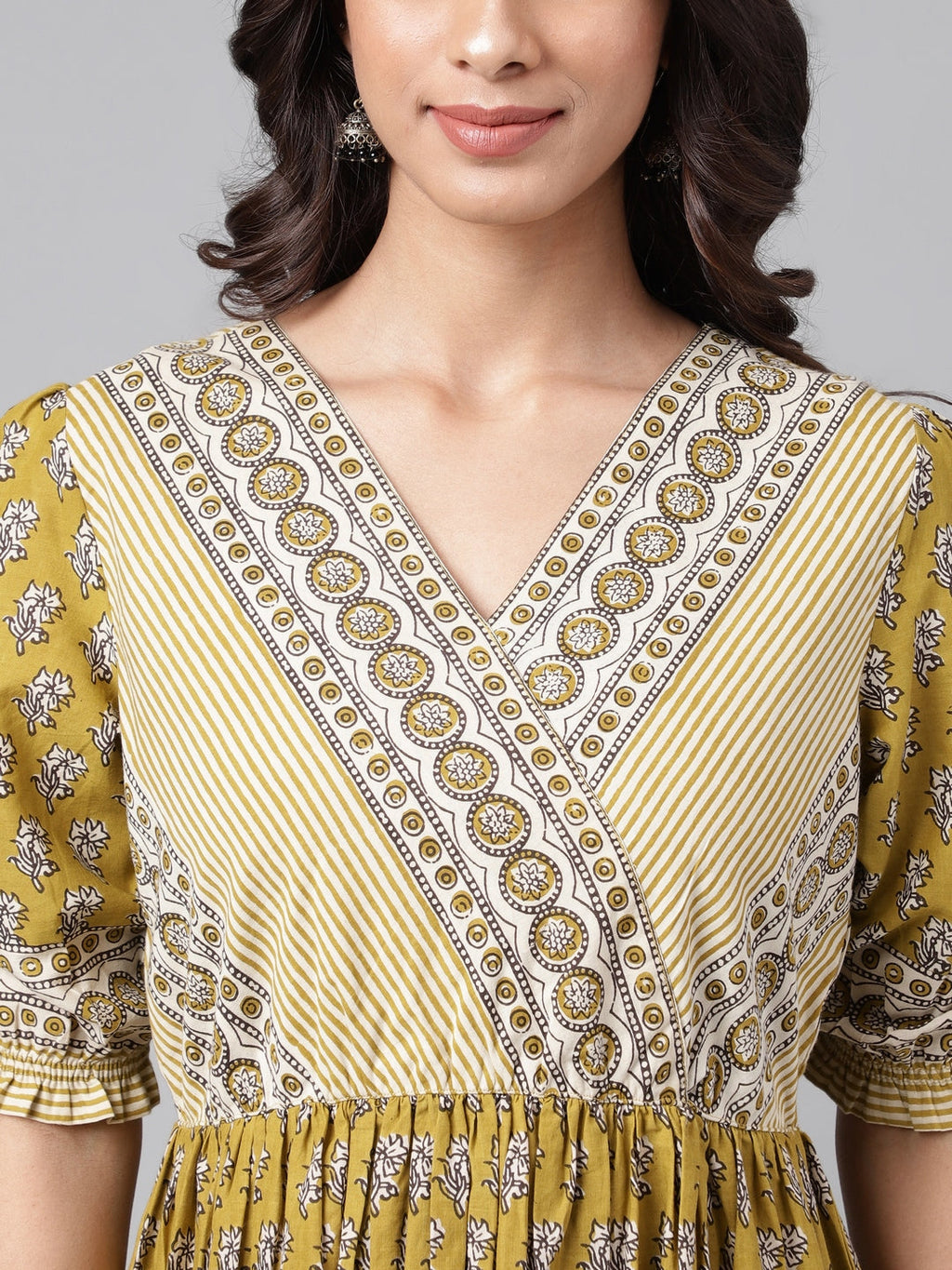 Janasya Women's Olive Green Cotton Floral Printed Gathered Casual Dress | Grocsy