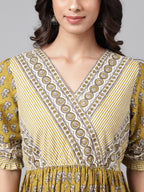 Janasya Women's Olive Green Cotton Floral Printed Gathered Casual Dress | Grocsy