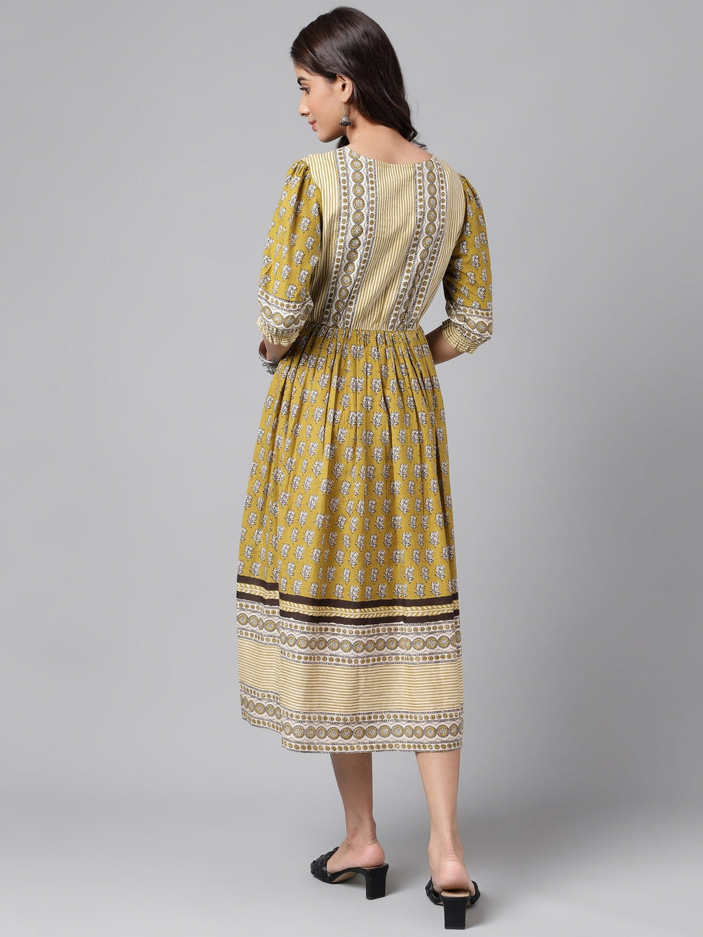 Janasya Women's Olive Green Cotton Floral Printed Gathered Casual Dress | Grocsy