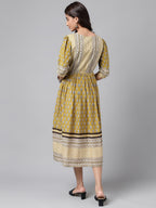 Janasya Women's Olive Green Cotton Floral Printed Gathered Casual Dress | Grocsy