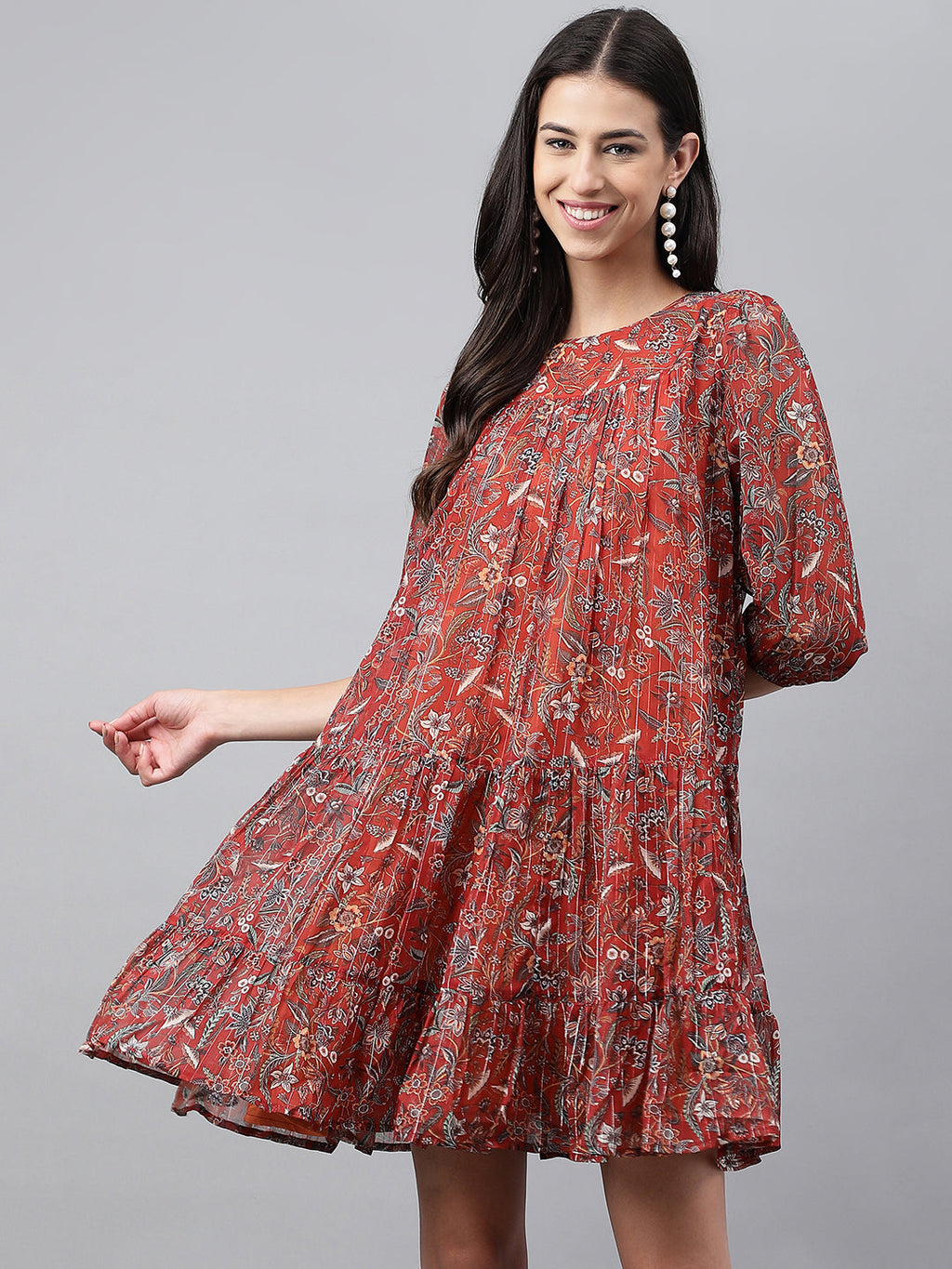 Janasya Women's Rust Chiffon Lurex Floral Printed Tiered Casual Dress | Grocsy