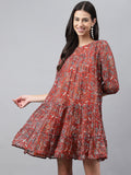 Janasya Women's Rust Chiffon Lurex Floral Printed Tiered Casual Dress | Grocsy