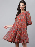 Janasya Women's Rust Chiffon Lurex Floral Printed Tiered Casual Dress | Grocsy