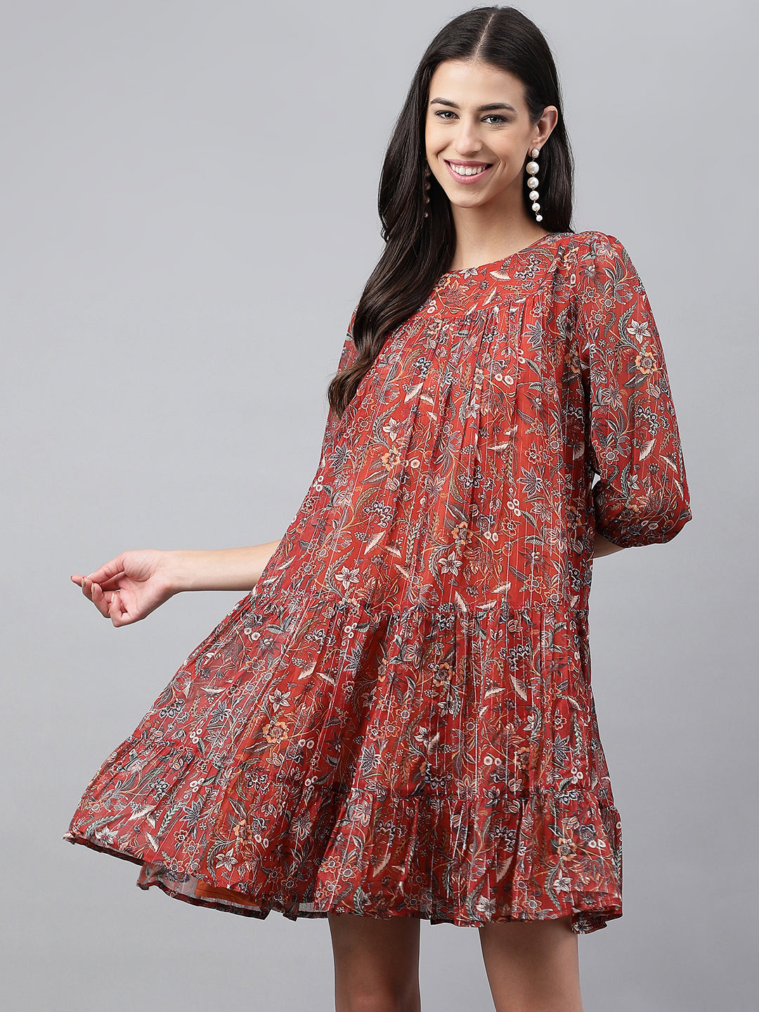 Janasya Women's Rust Chiffon Lurex Floral Printed Tiered Casual Dress | Grocsy