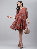 Janasya Women's Rust Chiffon Lurex Floral Printed Tiered Casual Dress | Grocsy