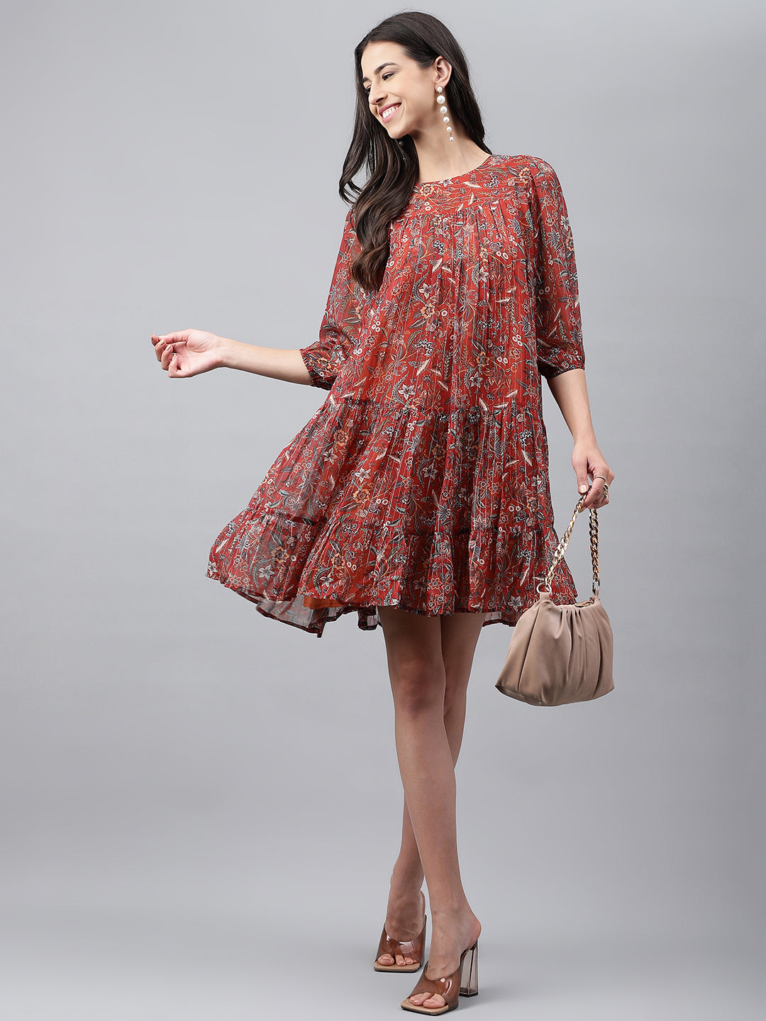 Janasya Women's Rust Chiffon Lurex Floral Printed Tiered Casual Dress | Grocsy