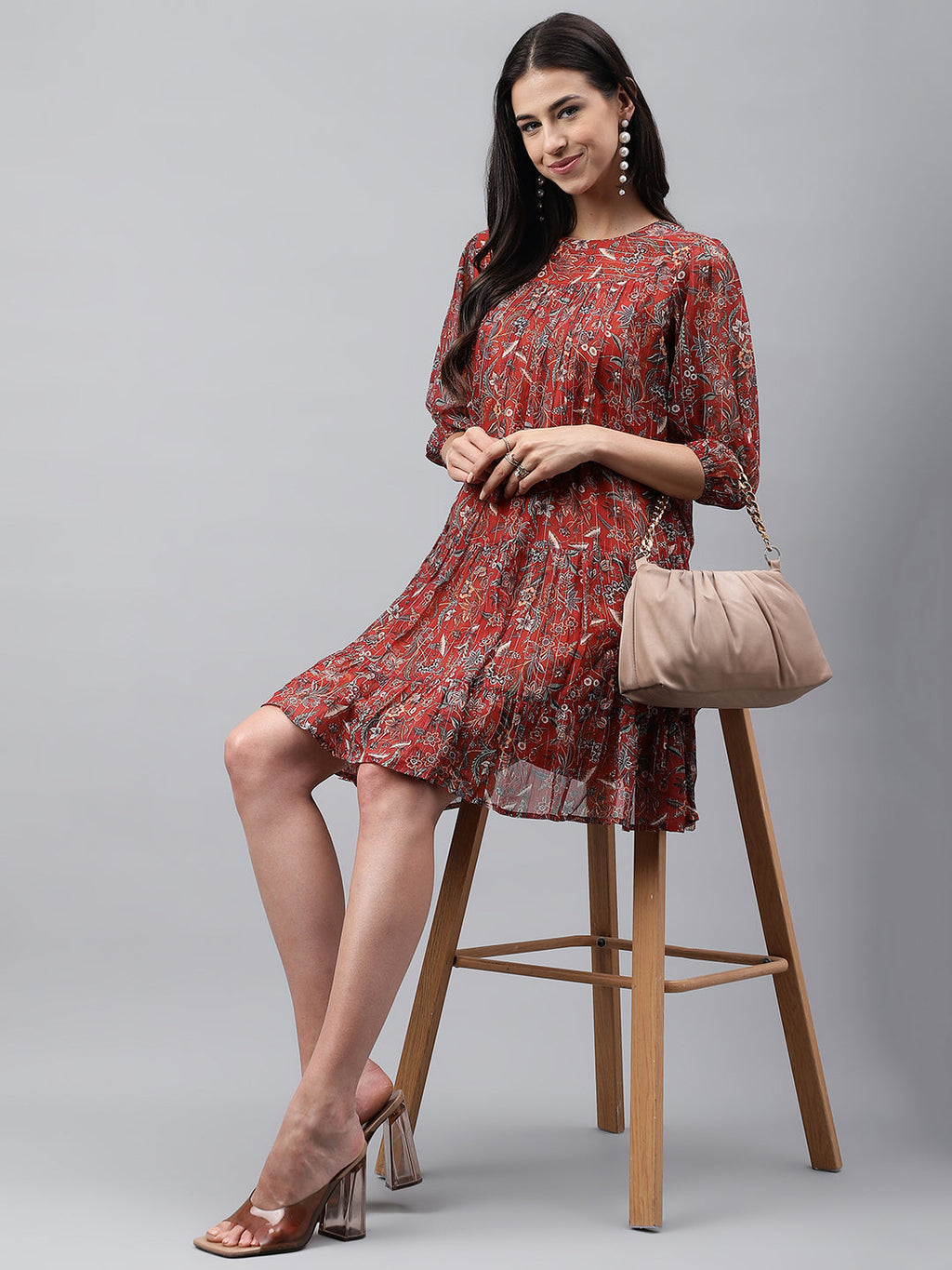 Janasya Women's Rust Chiffon Lurex Floral Printed Tiered Casual Dress | Grocsy