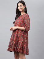 Janasya Women's Rust Chiffon Lurex Floral Printed Tiered Casual Dress | Grocsy