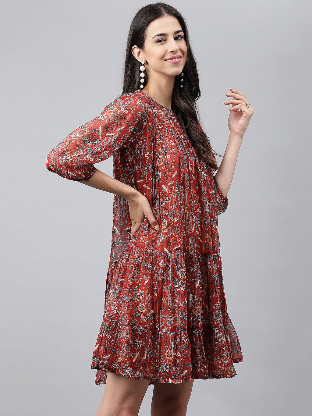 Janasya Women's Rust Chiffon Lurex Floral Printed Tiered Casual Dress | Grocsy