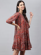 Janasya Women's Rust Chiffon Lurex Floral Printed Tiered Casual Dress | Grocsy