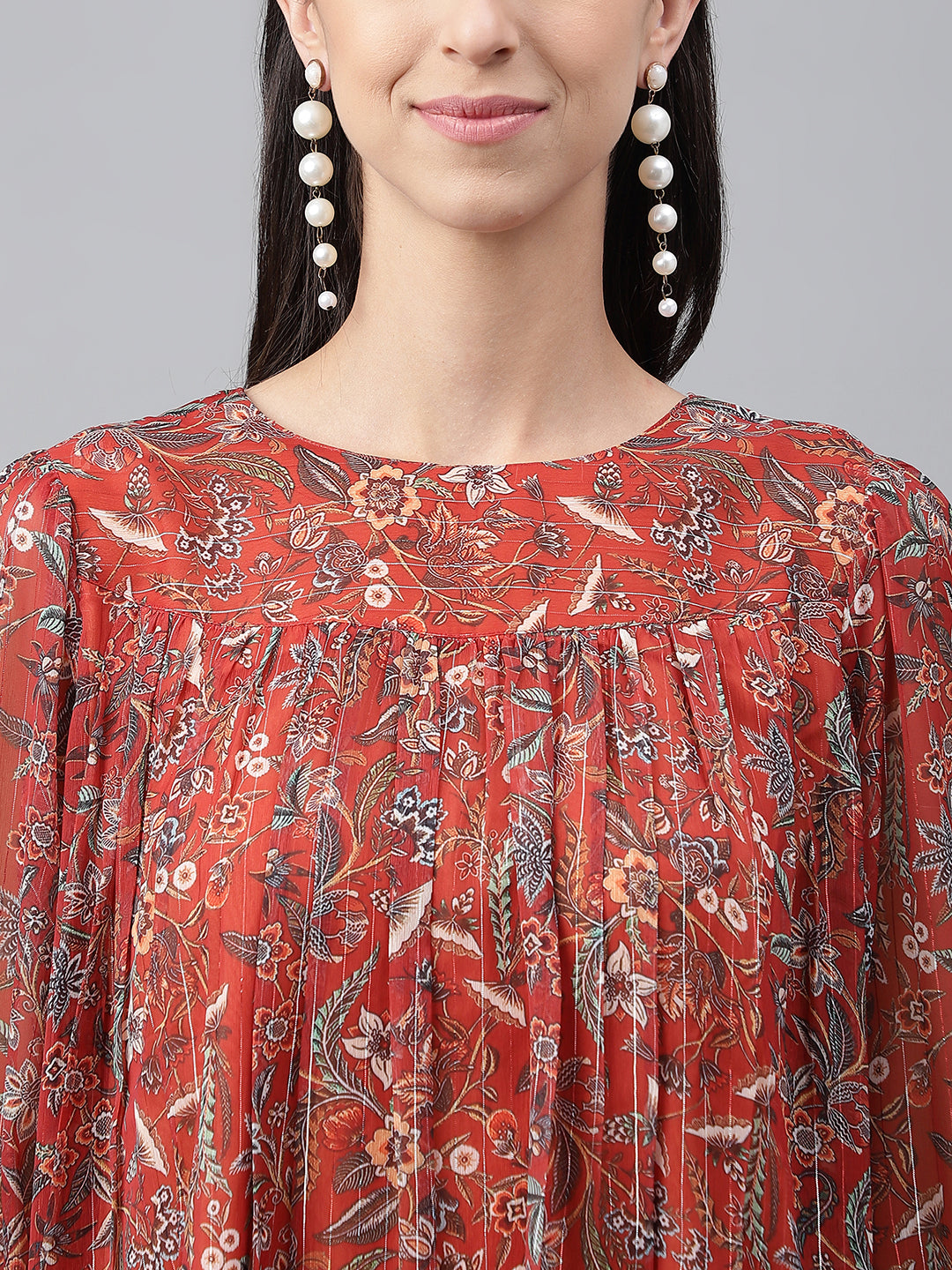 Janasya Women's Rust Chiffon Lurex Floral Printed Tiered Casual Dress | Grocsy