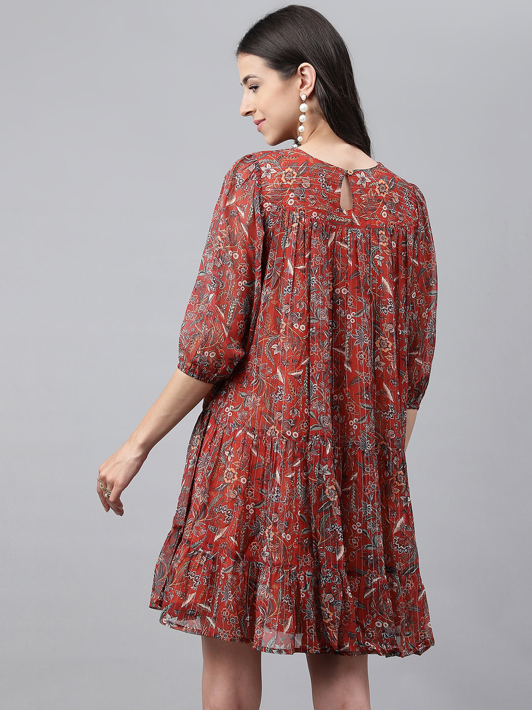 Janasya Women's Rust Chiffon Lurex Floral Printed Tiered Casual Dress | Grocsy