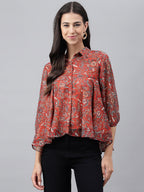 Janasya Women's Rust Chiffon Lurex Digital Printed Casual Flared Top | Grocsy