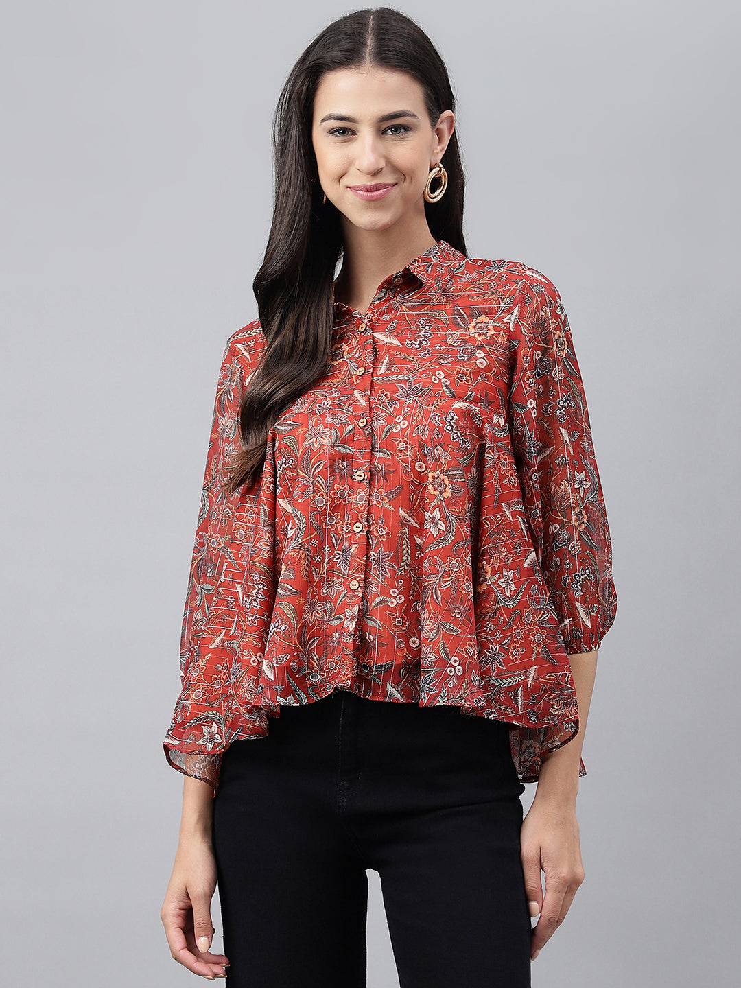 Janasya Women's Rust Chiffon Lurex Digital Printed Casual Flared Top | Grocsy